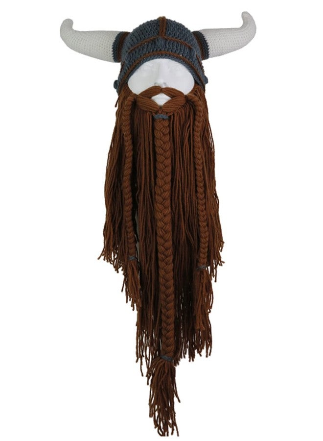 MERRYJULY Knit Viking Hat with Beard Novelty Hats for Men Adults Funny Dwarf Beanie Viking Warrior Horns Helmets for Halloween Costume Dress Up(Viking Beard Hat Long Brown) - Image 1
